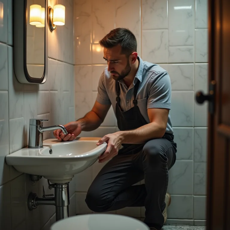 Amador tentando realizar trabalho de encanamento em um banheiro, com expressão de frustração.