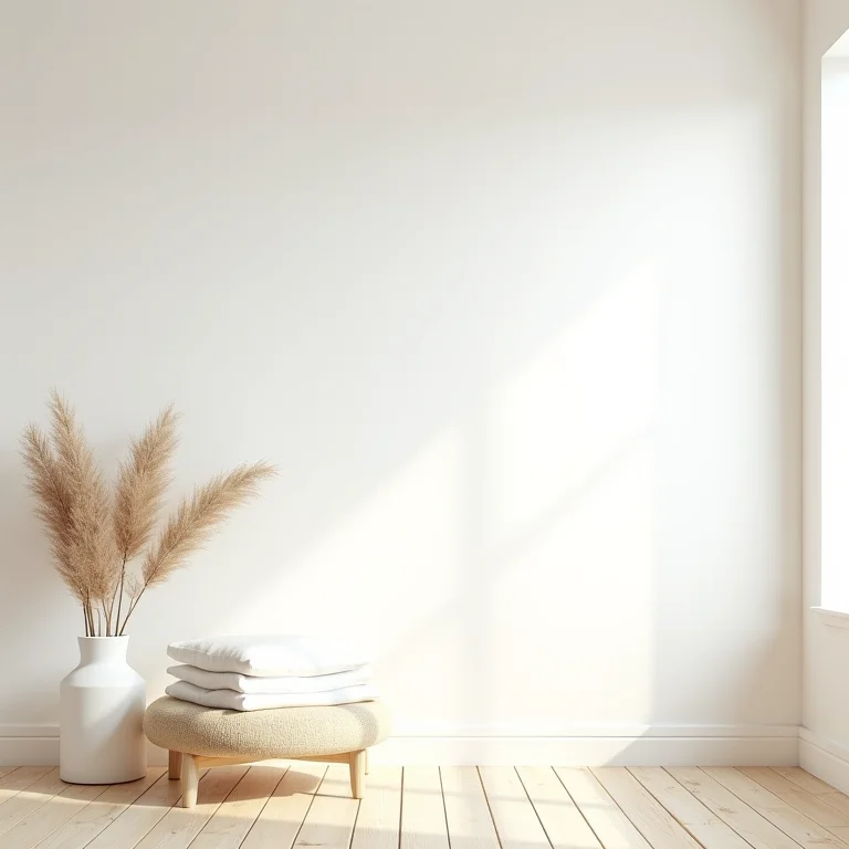 Ambiente minimalista com paredes brancas e piso de madeira clara.