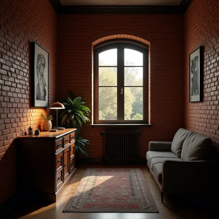 Ambiente pequeno com papel de parede de tijolinho.