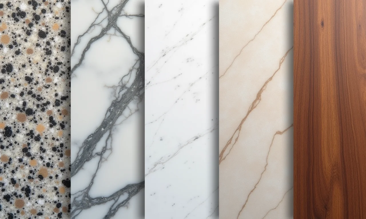 Amostras de materiais para bancada de cozinha pequena: granito, quartzo e madeira.