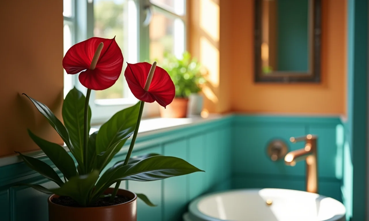 Antúrio com flores vermelhas vibrantes em um banheiro.