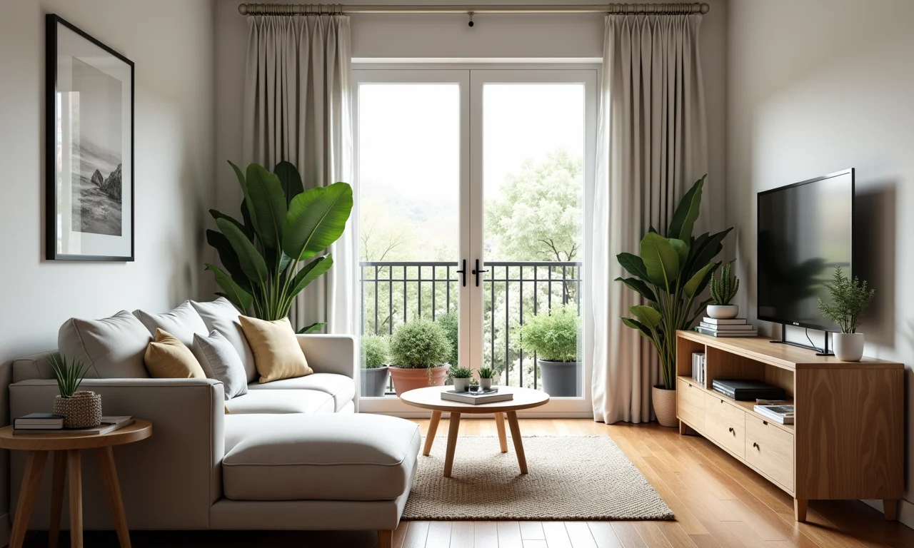 Apartamento farmhouse compacto com paredes brancas e varanda com plantas.