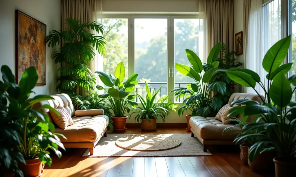Apartamento iluminado com diversas plantas de sombra exuberantes.