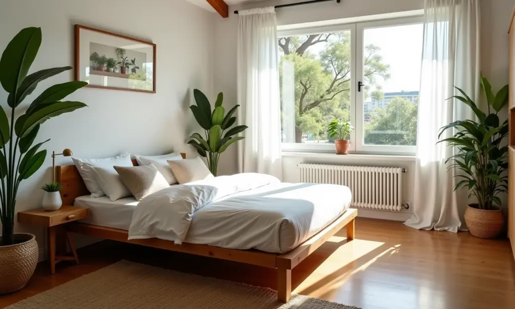 Apartamento studio com cama retrátil parcialmente aberta, decoração brasileira vibrante.