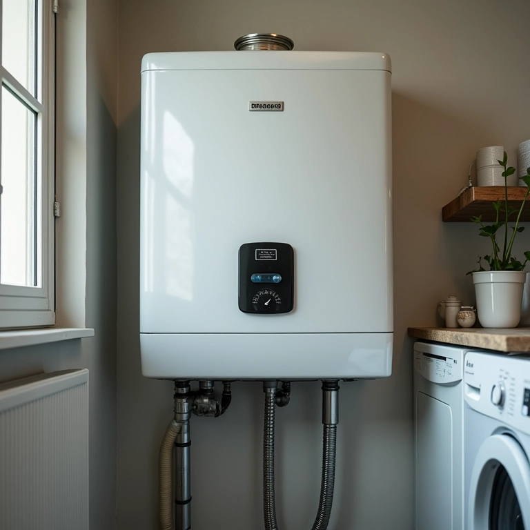 Aquecedor a gás moderno instalado em lavanderia de apartamento brasileiro.