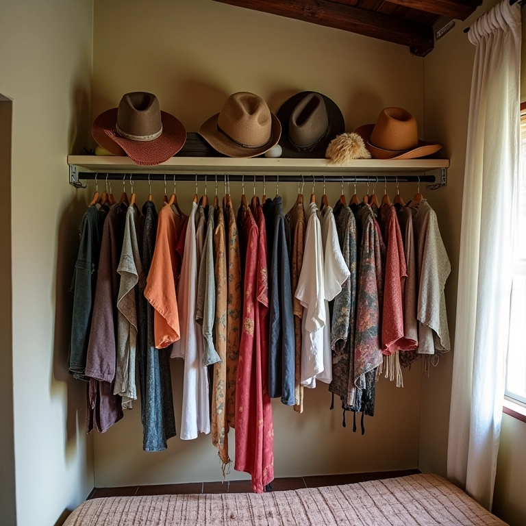 Arara de roupas com estilo e personalidade em quarto brasileiro.