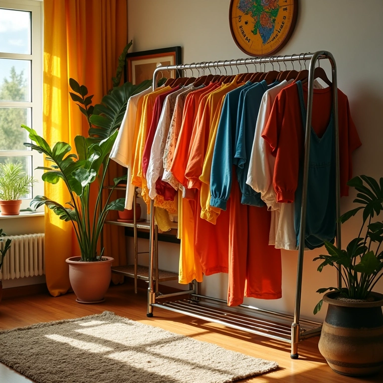 Arara de roupas exposta em um apartamento brasileiro estiloso.