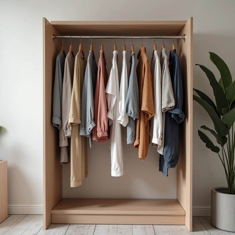 Arara de roupas organizada, sem bagunça.