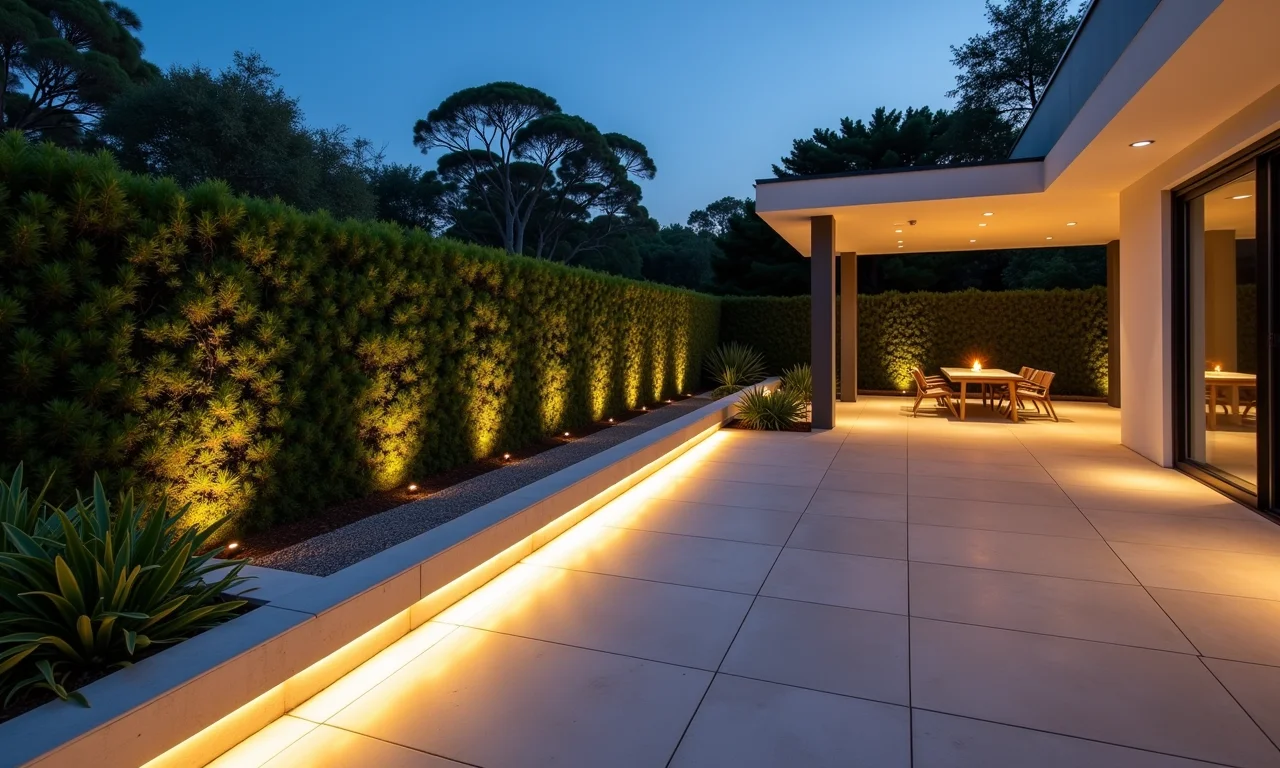 Área externa com iluminação de perfil de LED no perímetro.