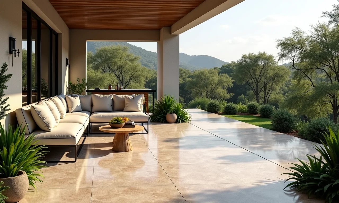 Área externa com porcelanato Calacatta: beleza e resistência para seus momentos ao ar livre.