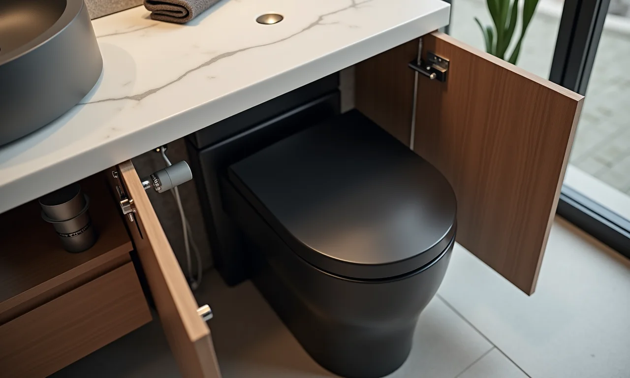 Armário aberto sob vaso sanitário preto com peças de reposição visíveis.