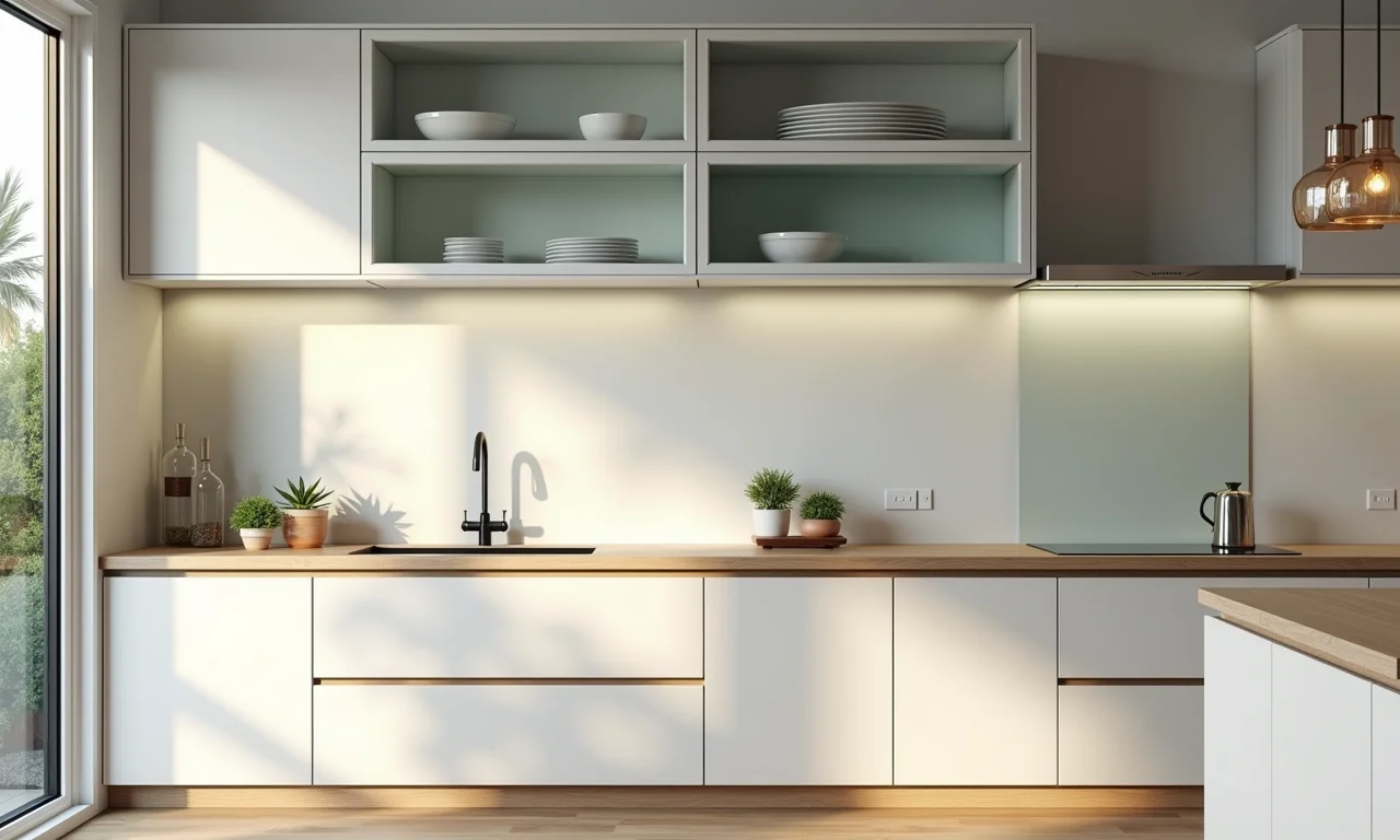 Armário de cozinha com diferentes tipos de vidro: transparente e fosco.