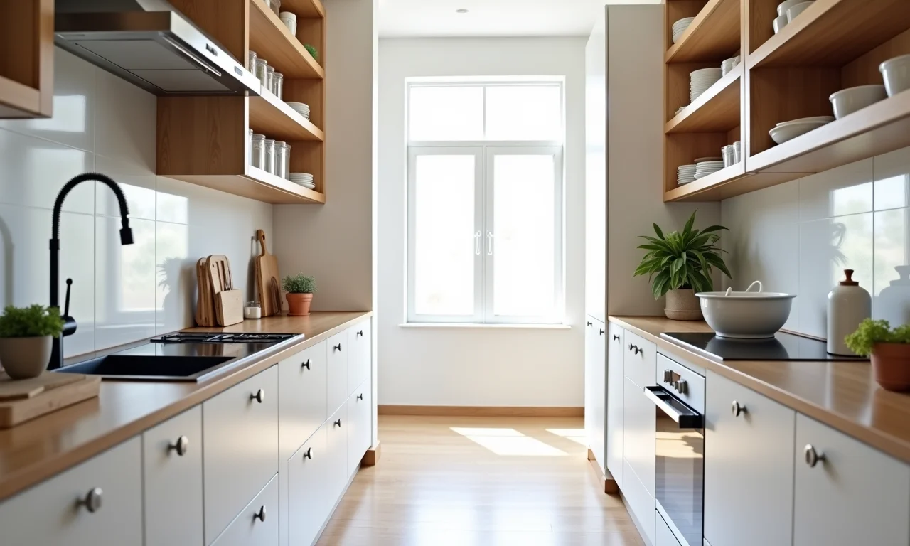 Armários aéreos até o teto em cozinha corredor para máximo armazenamento.