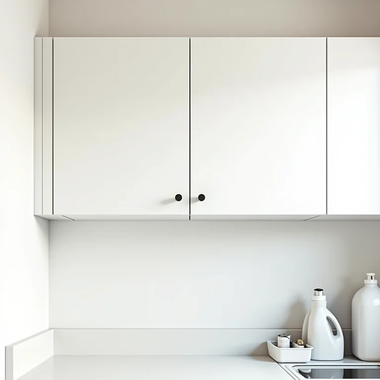 Armários aéreos brancos otimizando o espaço vertical em uma lavanderia.