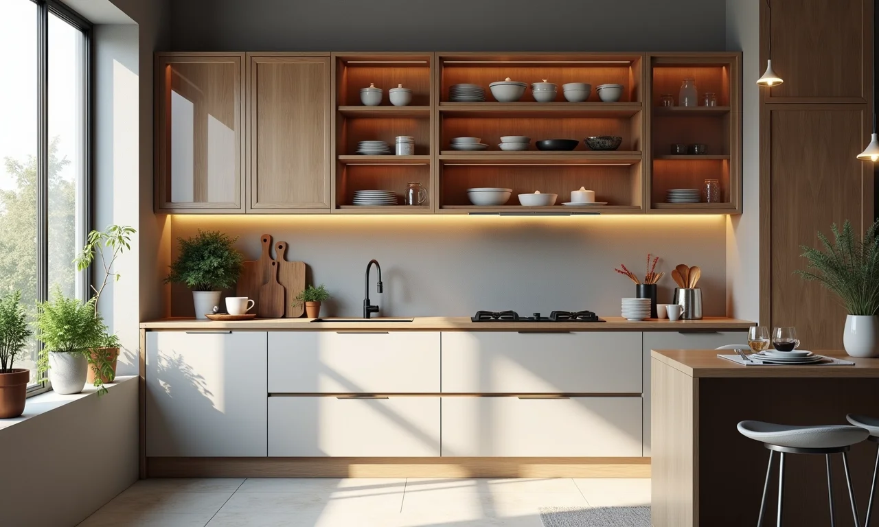 Armários aéreos com portas de vidro exibindo louças em cozinha moderna.