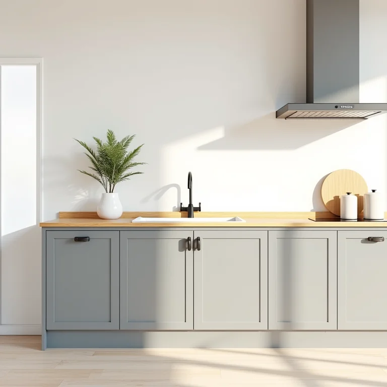 Armários cinza-claro combinados com bancada de madeira clara.