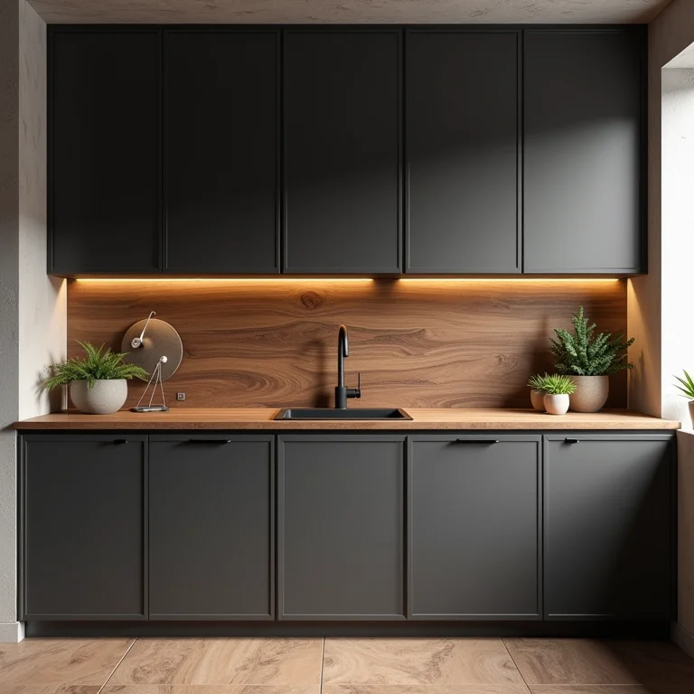 Armários cinza-escuro combinados com bancada de madeira rústica.