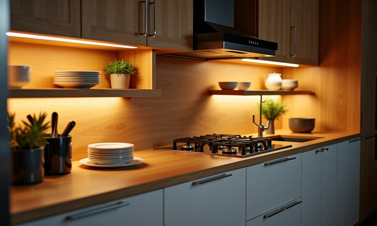 Armários de cozinha com iluminação interna, realçando a beleza dos utensílios.