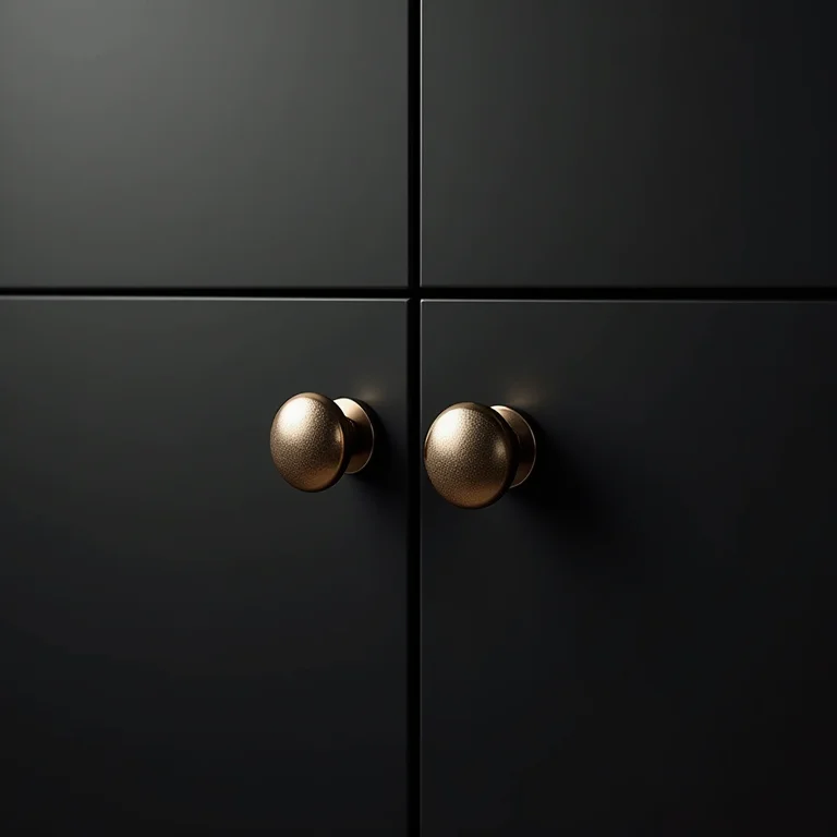 Armários de cozinha com puxadores inadequados, destoando do design elegante dos armários pretos.