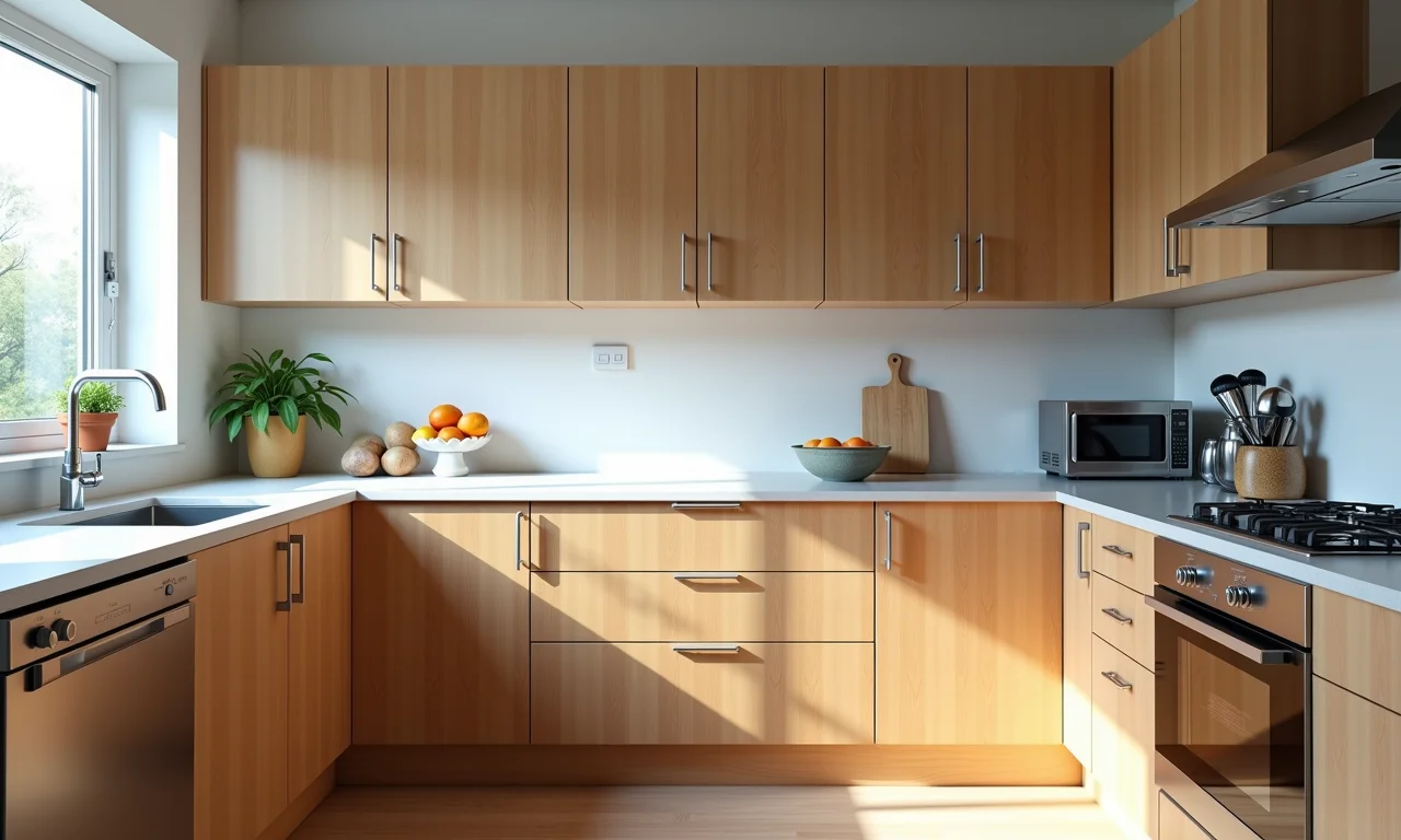 Armários de cozinha funcionais e sem frescura, otimizando o espaço.