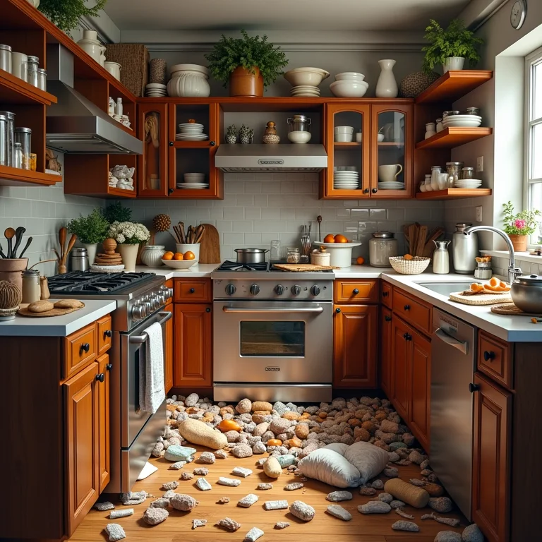 Armários de cozinha pretos desorganizados, com utensílios e alimentos mal acondicionados.