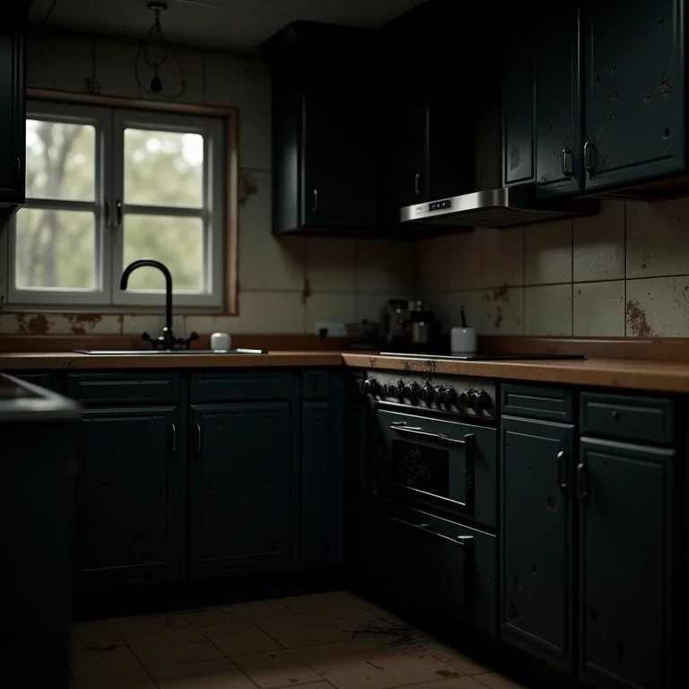 Armários de cozinha pretos sujos e com marcas de gordura, mostrando a falta de limpeza e manutenção.