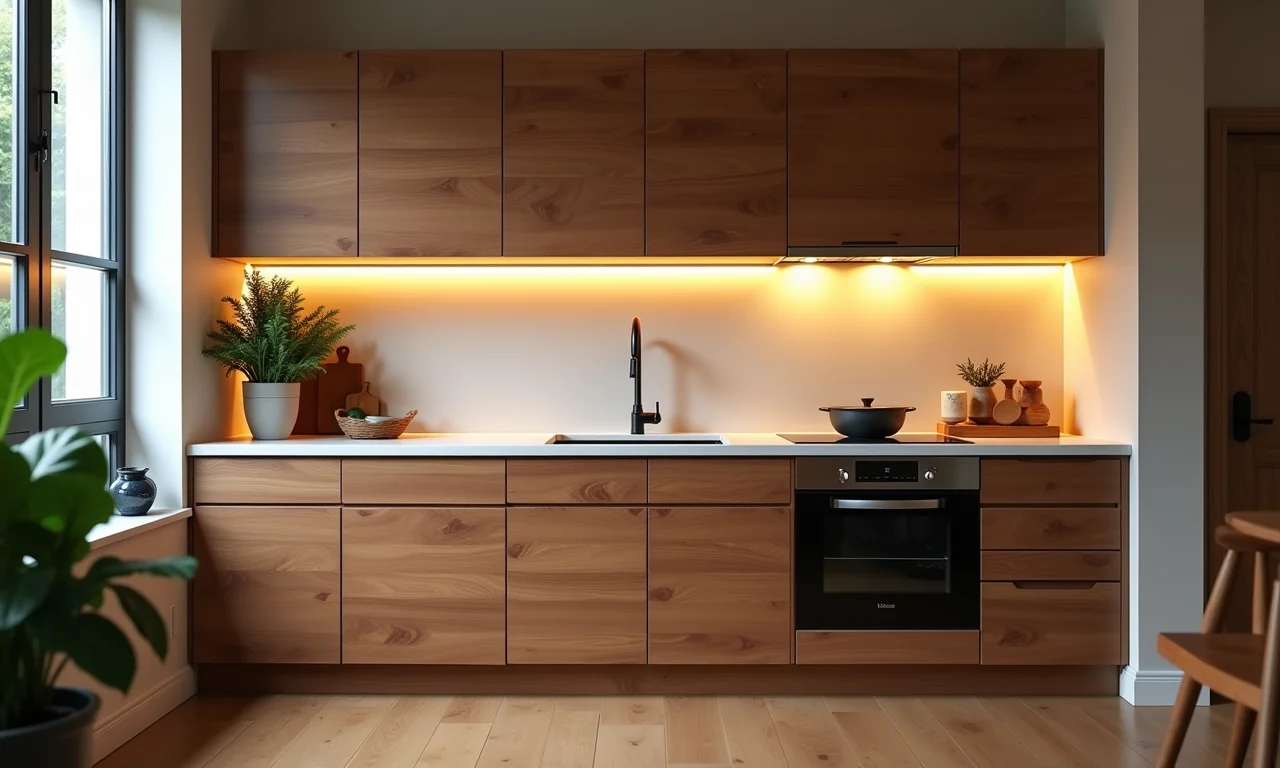 Armários inferiores com detalhes em madeira, aconchegantes e funcionais.