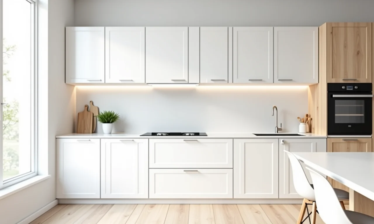 Armários planejados com design clean em uma cozinha escandinava.