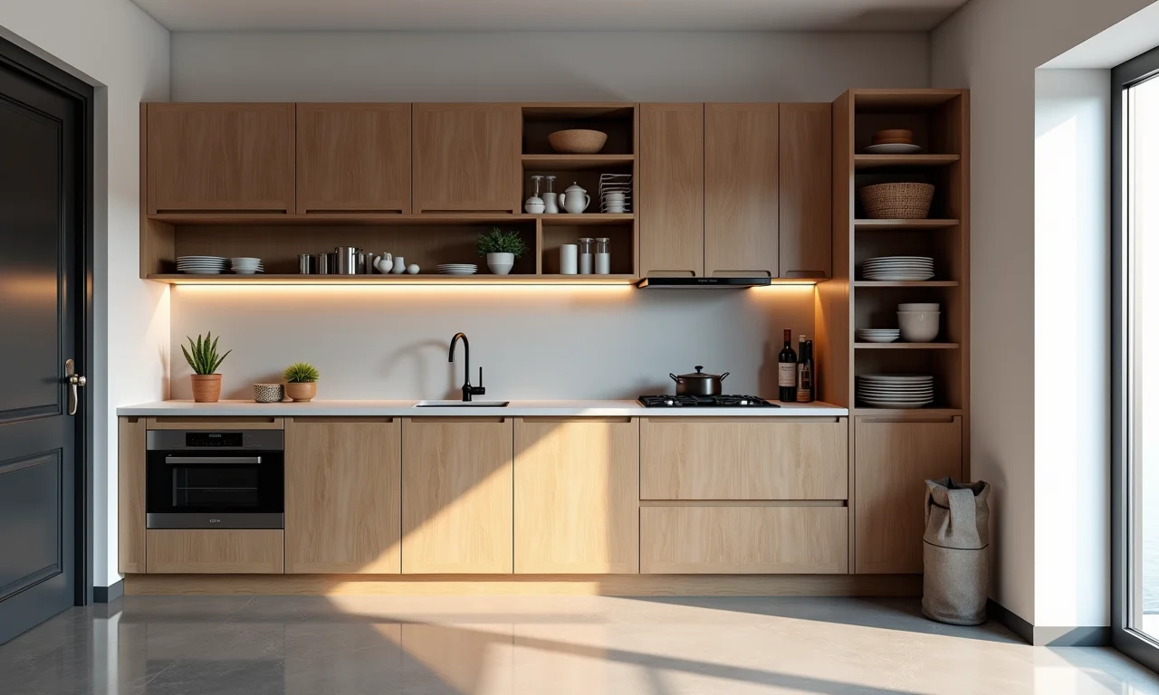 Armários planejados em cozinha pequena otimizando o espaço de armazenamento.