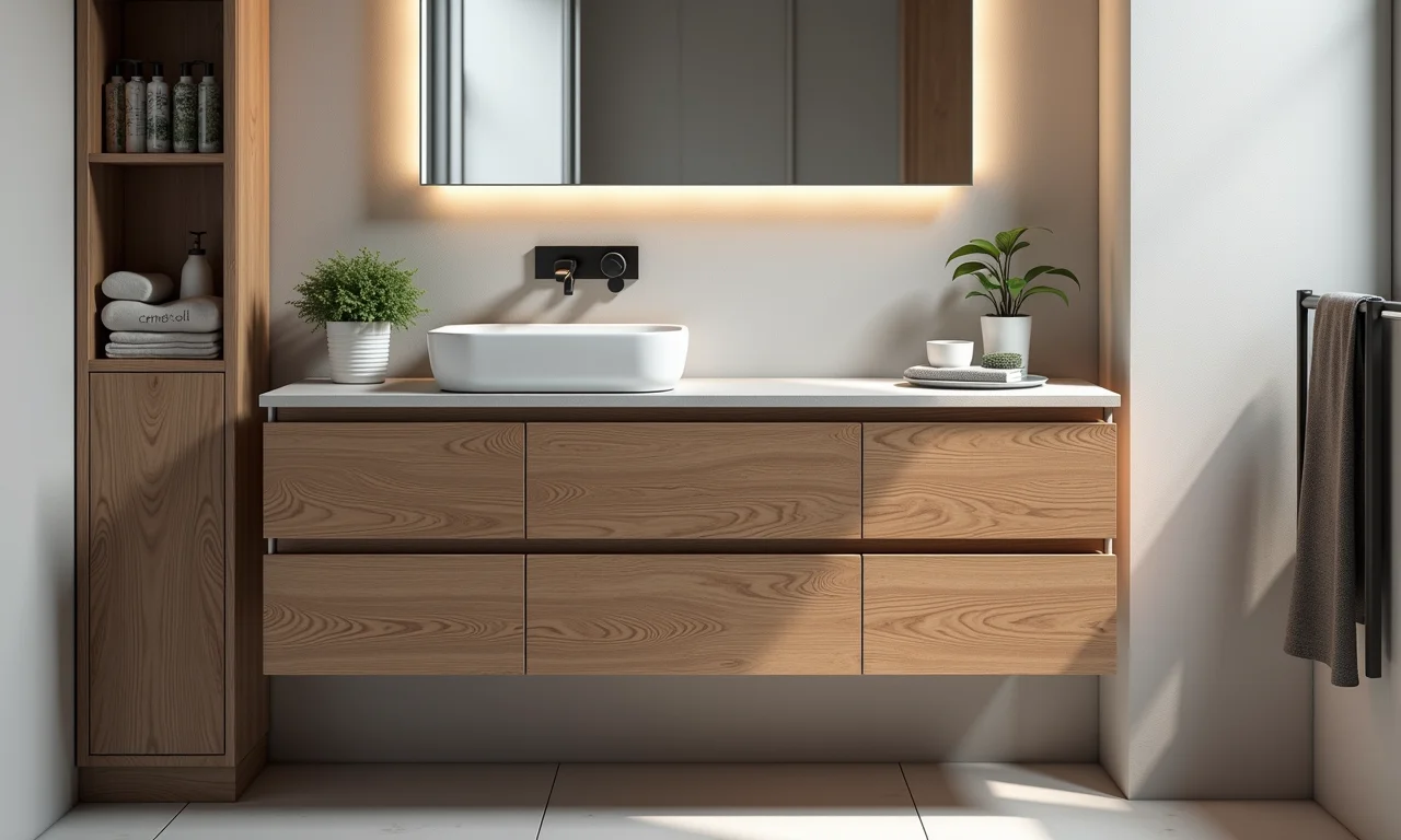 Armários planejados sob medida em banheiro pequeno.