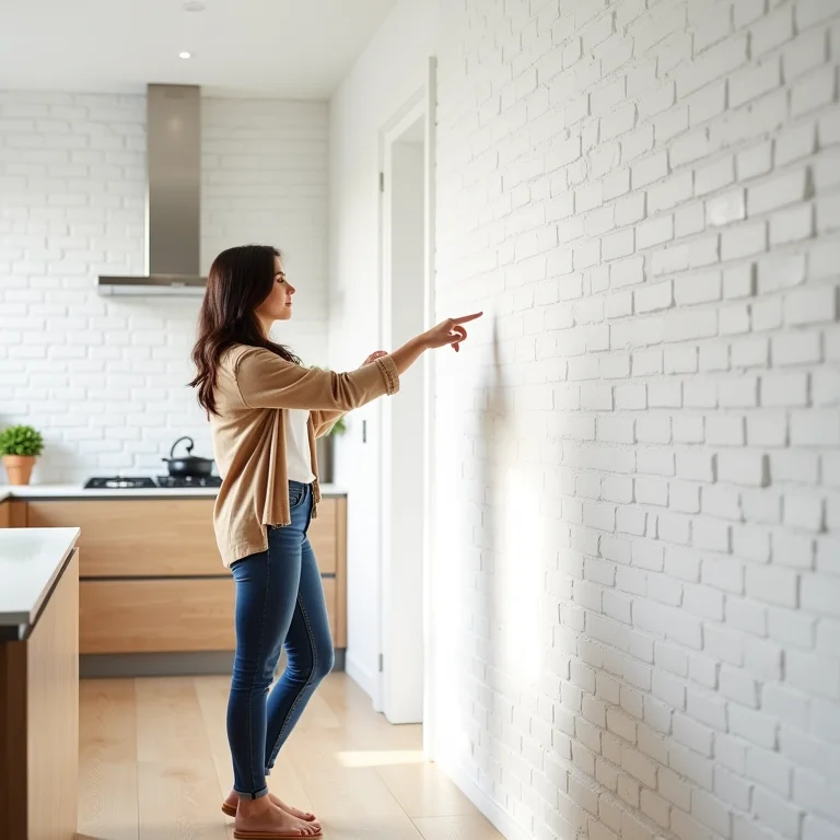 Arquiteta apresentando cozinha com tijolinho branco