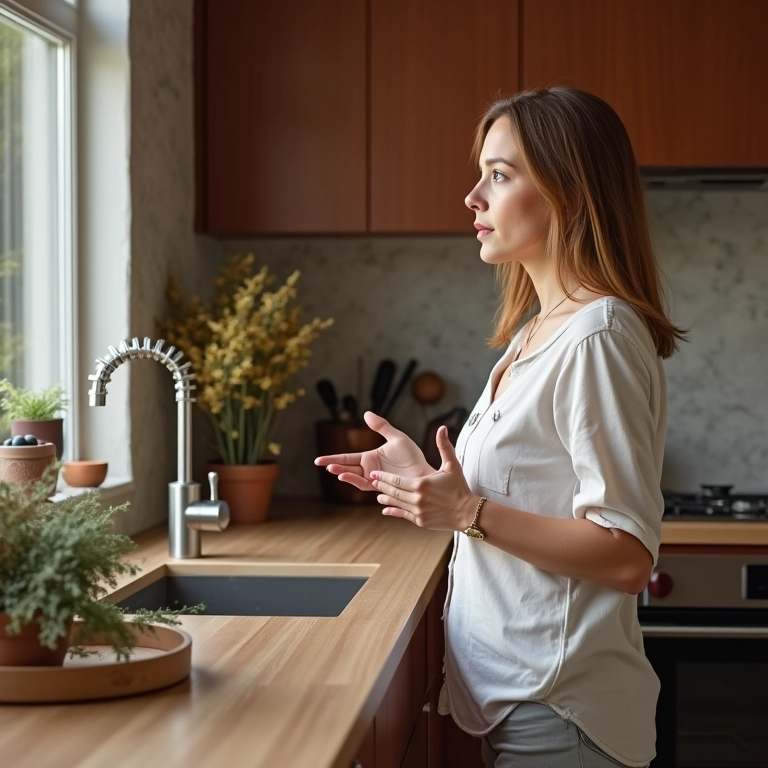 Arquiteta em cozinha terrosa dando dicas de design.
