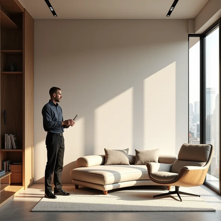 Arquiteta explicando a instalação de papel de parede 3D.