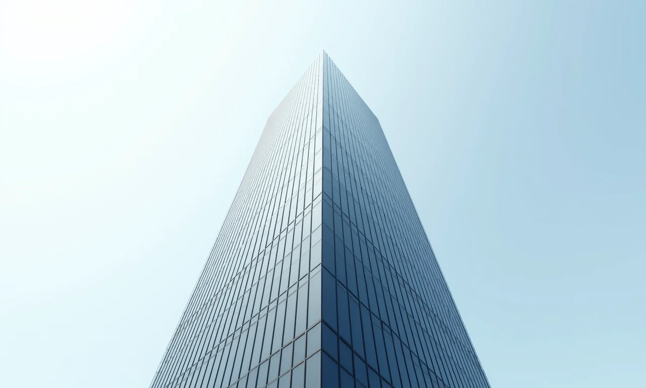 Arranha-céu em arquitetura moderna com linhas limpas e fachada de vidro.