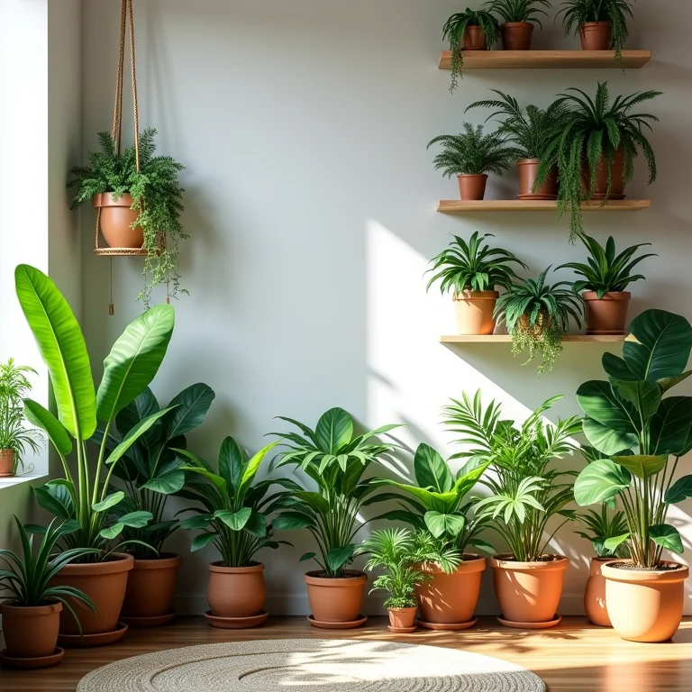 Arranjo de plantas em sala boho com luz natural