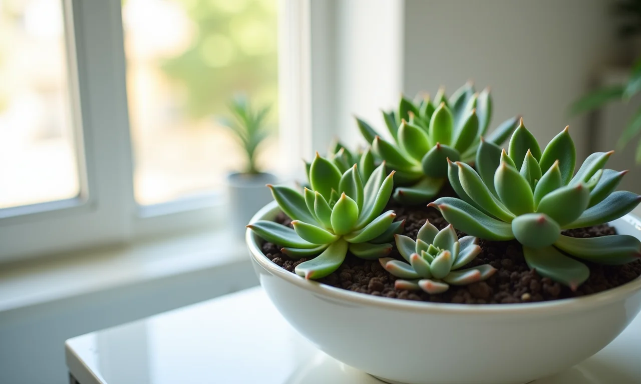 Arranjo de suculentas em lavabo moderno e bem iluminado.