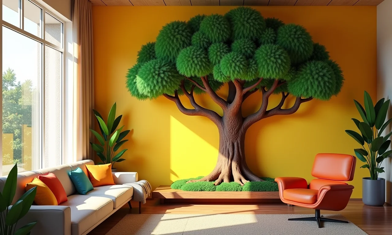 Árvore da felicidade em sala de estar brasileira.