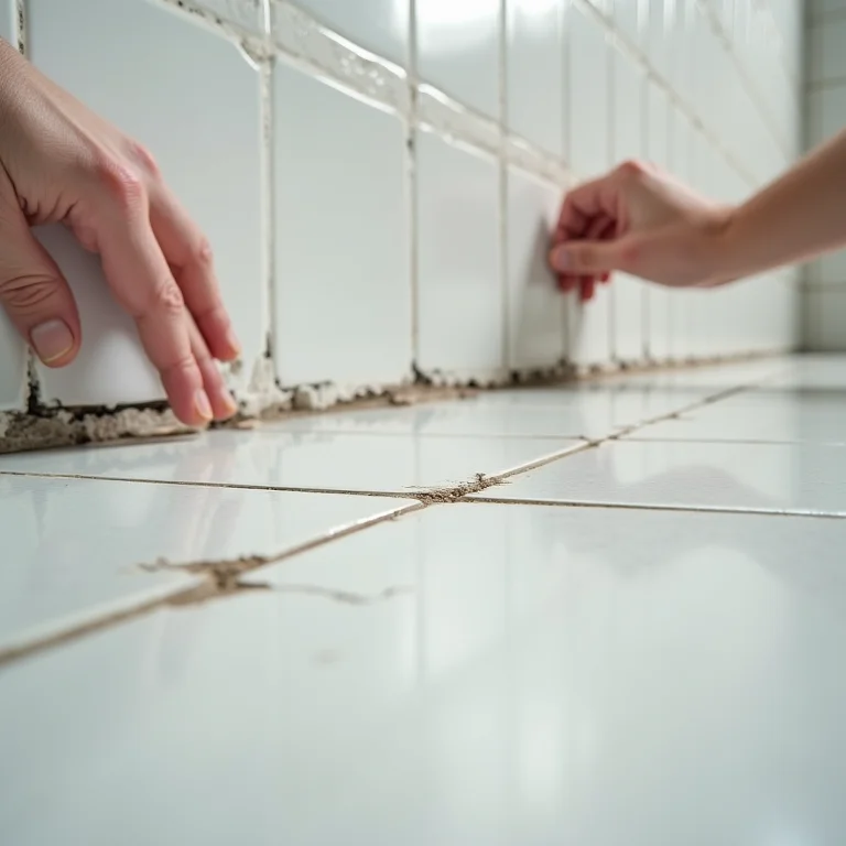 Azulejo de banheiro mal instalado com rachaduras e desalinhamento, representando a economia inadequada na mão de obra.