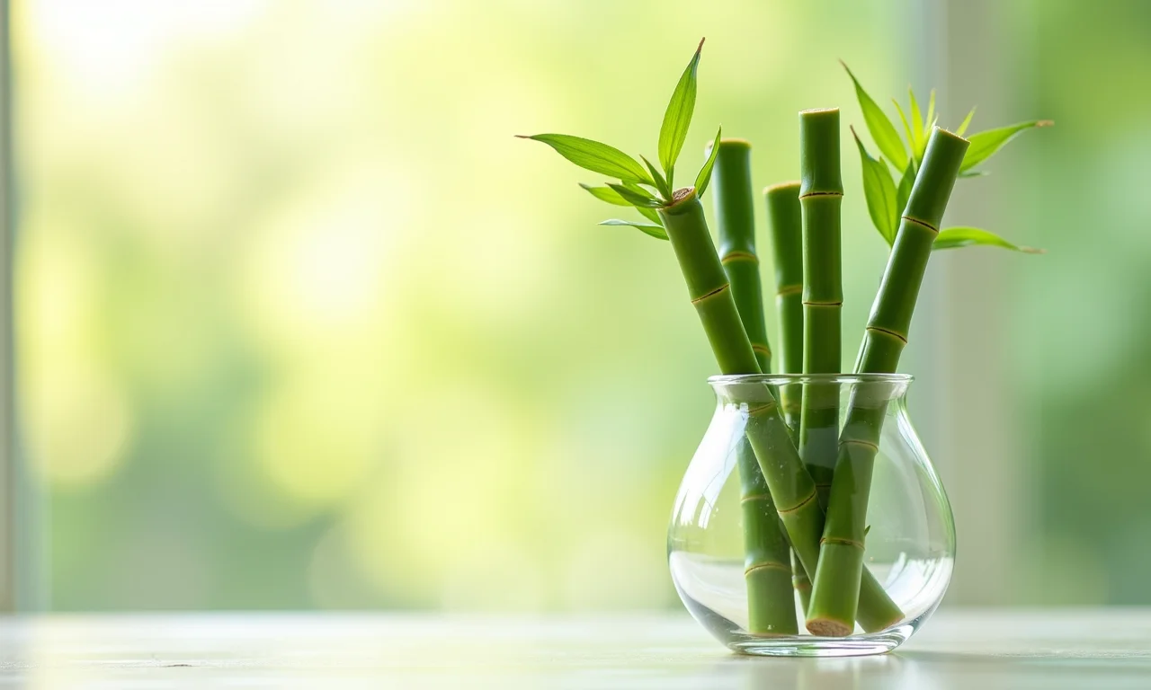 Bambu da sorte em vaso de vidro com luz solar.