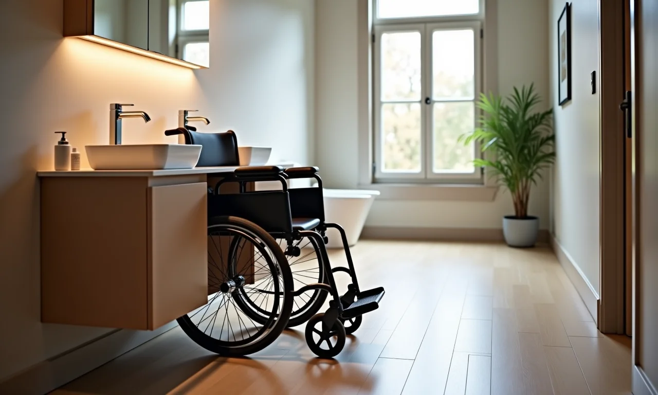 Bancada de banheiro acessível para cadeirantes, com espaço livre embaixo.