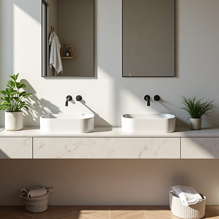 Bancada de banheiro organizada com duas cubas, estilo 'para ele e para ela'.