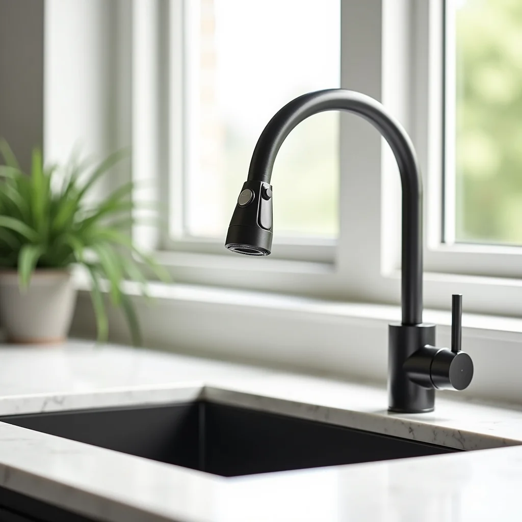 Bancada de cozinha organizada com torneira filtro.