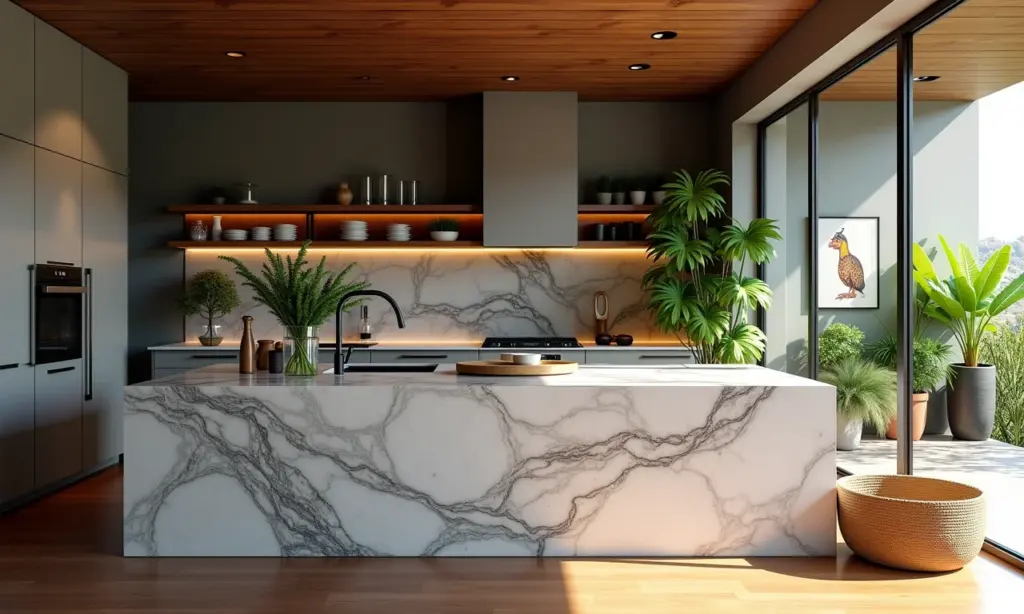 Bancada de granito elegante em cozinha brasileira moderna.