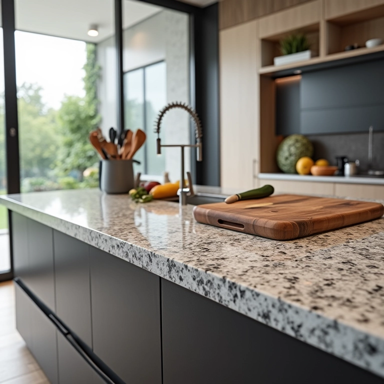 Bancada de granito em cozinha moderna com utensílios, simbolizando resistência.