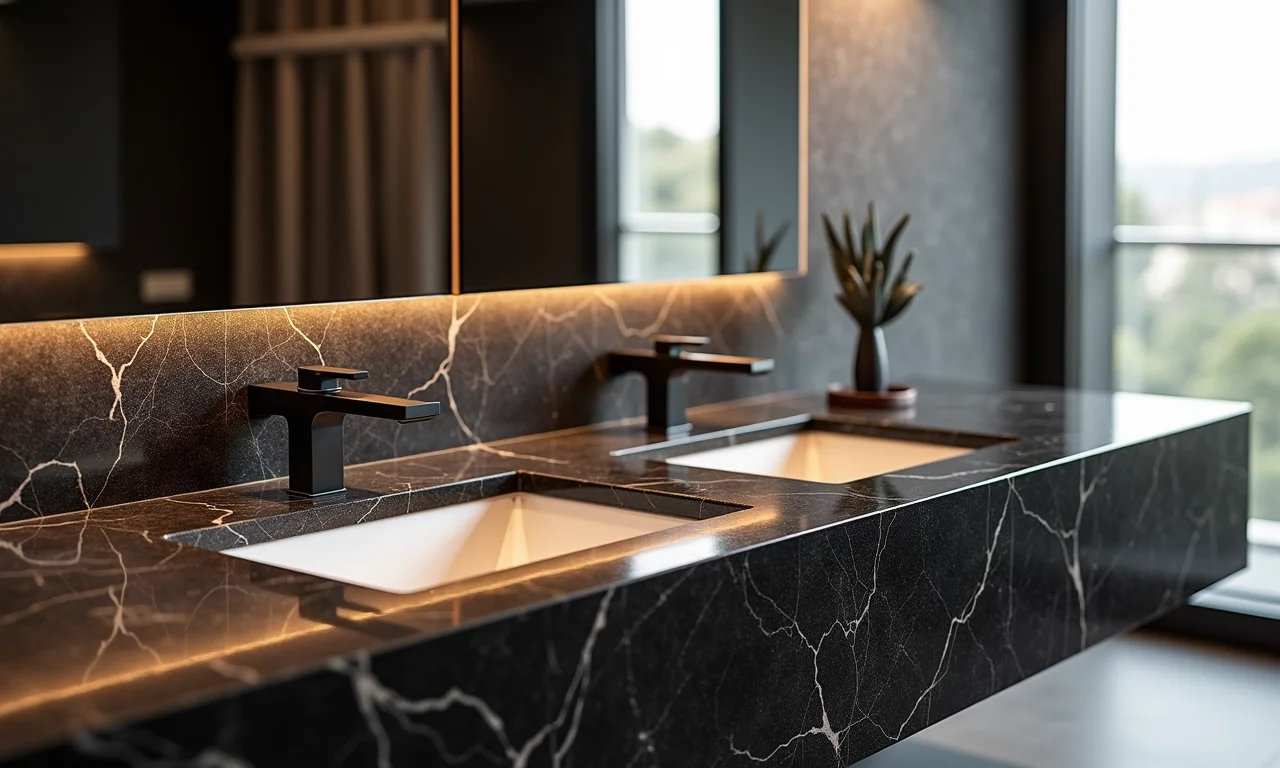 Bancada de Granito Preto São Gabriel em banheiro elegante.