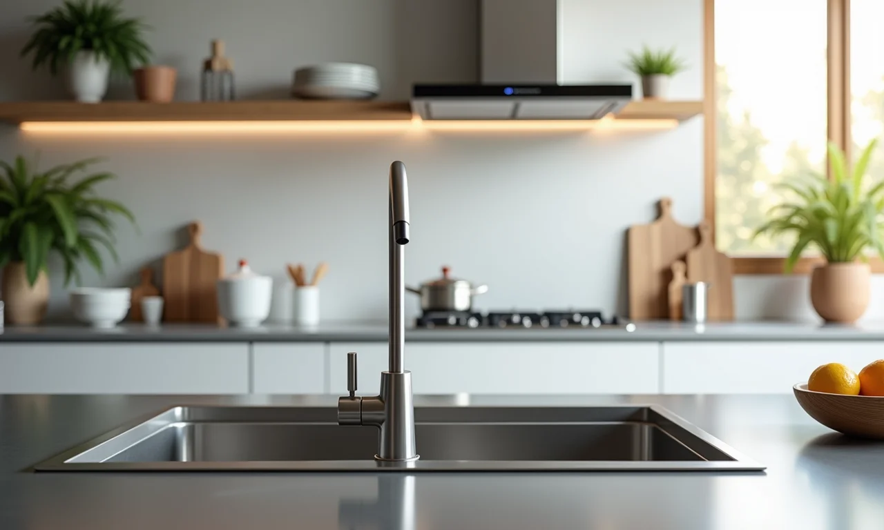 Bancada de inox impecável em cozinha moderna, com foco na higiene.