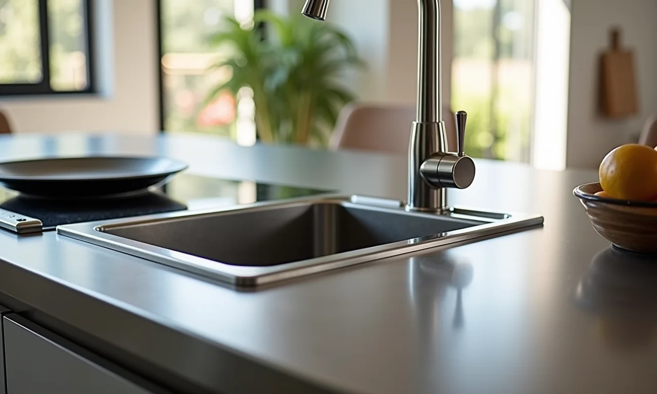 Bancada de inox integrada à pia em cozinha moderna e funcional.