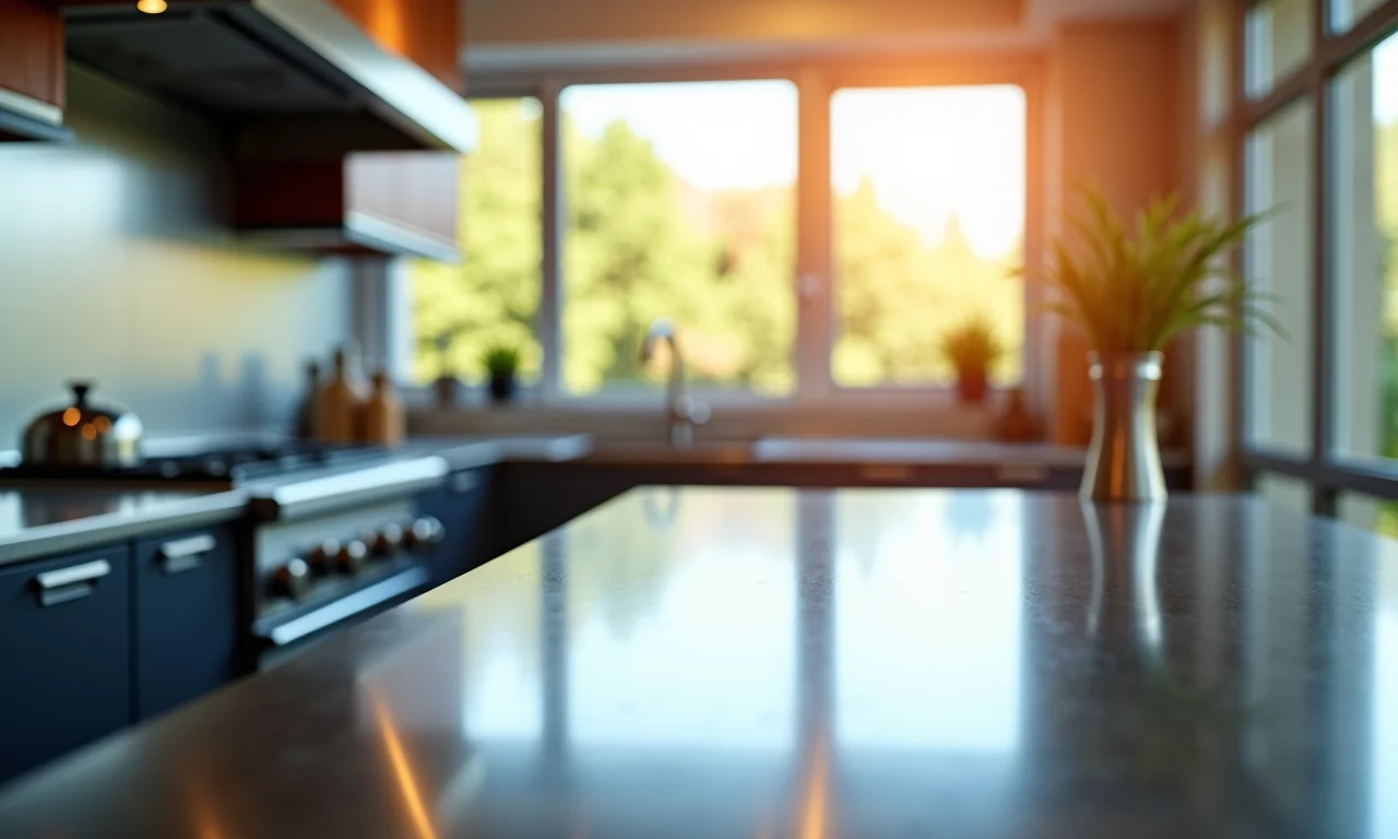 Bancada de inox refletindo a luz natural em cozinha iluminada.