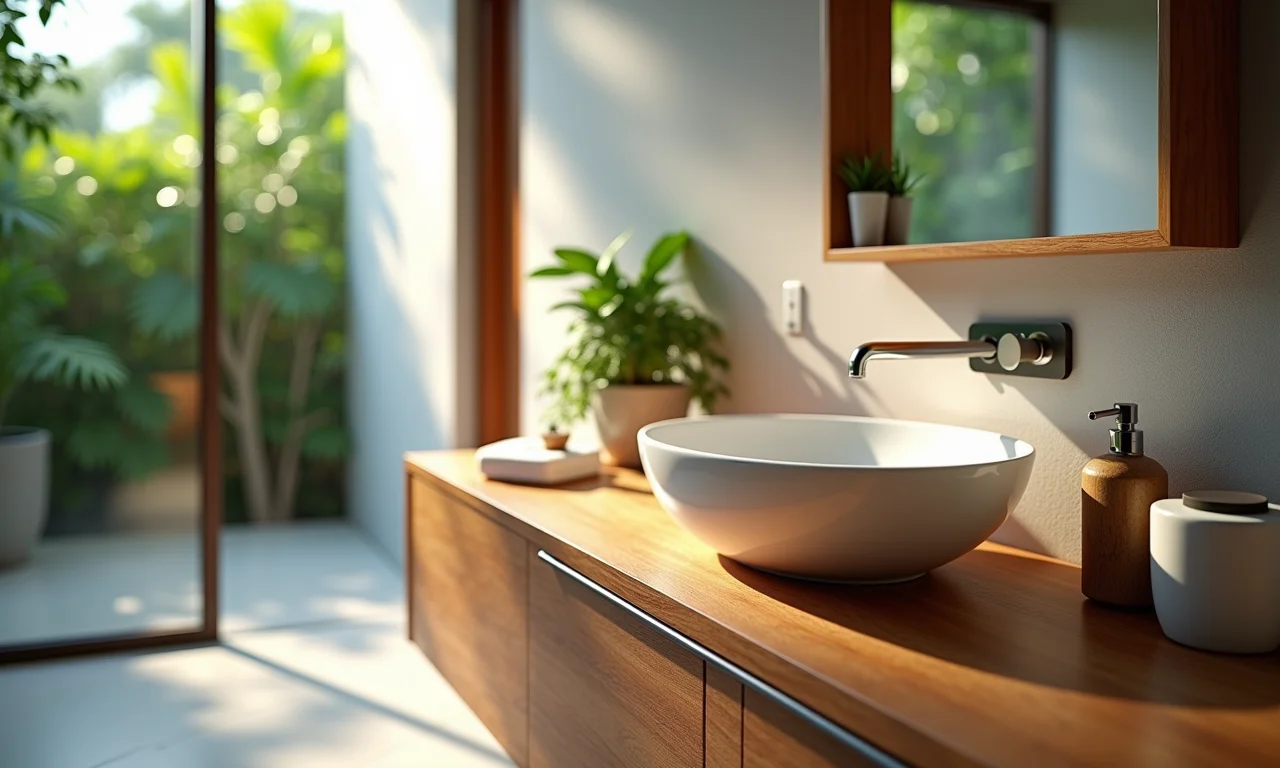 Bancada de madeira clara em um banheiro pequeno.