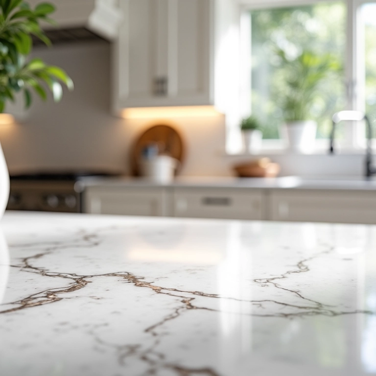 Bancada de mármore branco com uma leve mancha de café em cozinha iluminada.